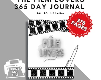 以下が含まれることがあります： 映画愛好家のための365日印刷可能なジャーナル。表紙は、黒と白のフィルムストリップのデザインで、「The Film Lovers Journal」と「378 Pages」のテキストが書かれています。