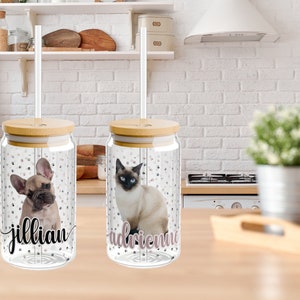 Gepersonaliseerde glazen beker met de foto van uw hond of kat, glazen beker met deksel en rietje, 16 oz aangepaste beker, huisdier foto beker, cadeau voor haar