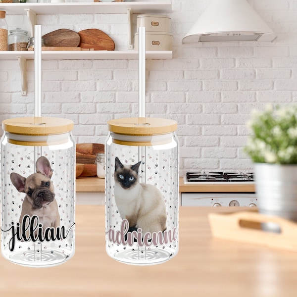 Personalized Glass Tumbler with Your Dog or Cat's Photo, Glass Tumbler with Lid and Straw, 16 oz Custom Cup, Pet Photo Tumbler, Gift for Her