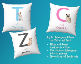 Personalized Monogram Kid's Pillow, Dog Art Monogram Pillow,  Square Pillow Cover & Insert in 4 Sizes, Kid's Gift, Newborn Gift
