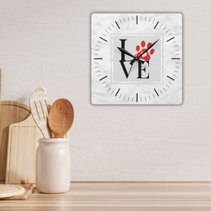 LOVE Acrylic Wall Clock, Dog Lover Gift, Cat Lover Gift, Paw Print Wall Clock, Kitchen Wall Clock, Round or Square Clock, Housewarming Gift