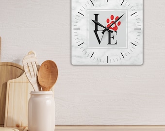 LOVE Orologio da parete in acrilico, Regalo per gli amanti dei cani, Regalo per gli amanti dei gatti, Orologio da parete con stampa della zampa, Orologio da parete della cucina, Orologio rotondo o quadrato, Regalo di inaugurazione della casa