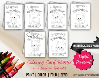 PRINTABLE Happy Birthday Coloring Card Bundle, Kitten Coloring Cards, Kids' Birthday Cards, DIY Print & Color, Birthday Color Your Own Cards