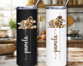 Vaso de gatito personalizado, taza de acero inoxidable con nombre personalizado, regalo para amantes de los gatos, mantiene las bebidas calientes o frías, linda taza de gato para café y té
