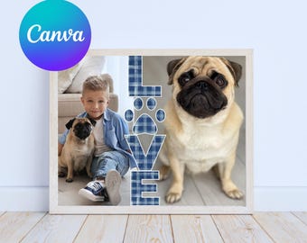 Modello per collage di foto di cani: LOVE Two-Photo Pet Art (download digitale Canva, 3 dimensioni)