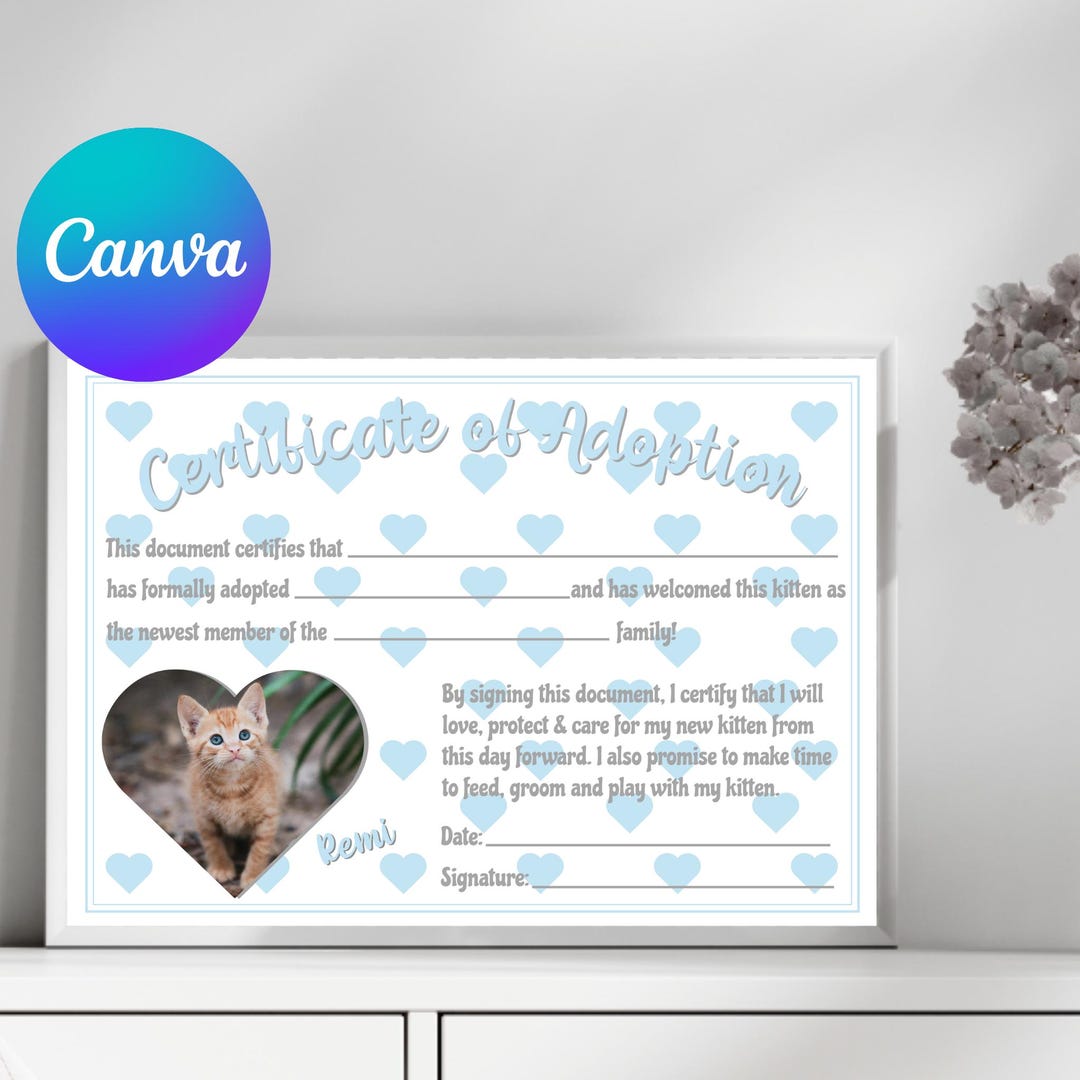 Adoption Ribbon Color Pet Adoption Certificate Template: Canva Design, Pastel Colors ...