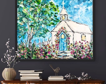 Original PAINTING COUNTRY CHURCH with Blue Door, Magnolia Blossoms, Rustic Frame Palette Knife Art