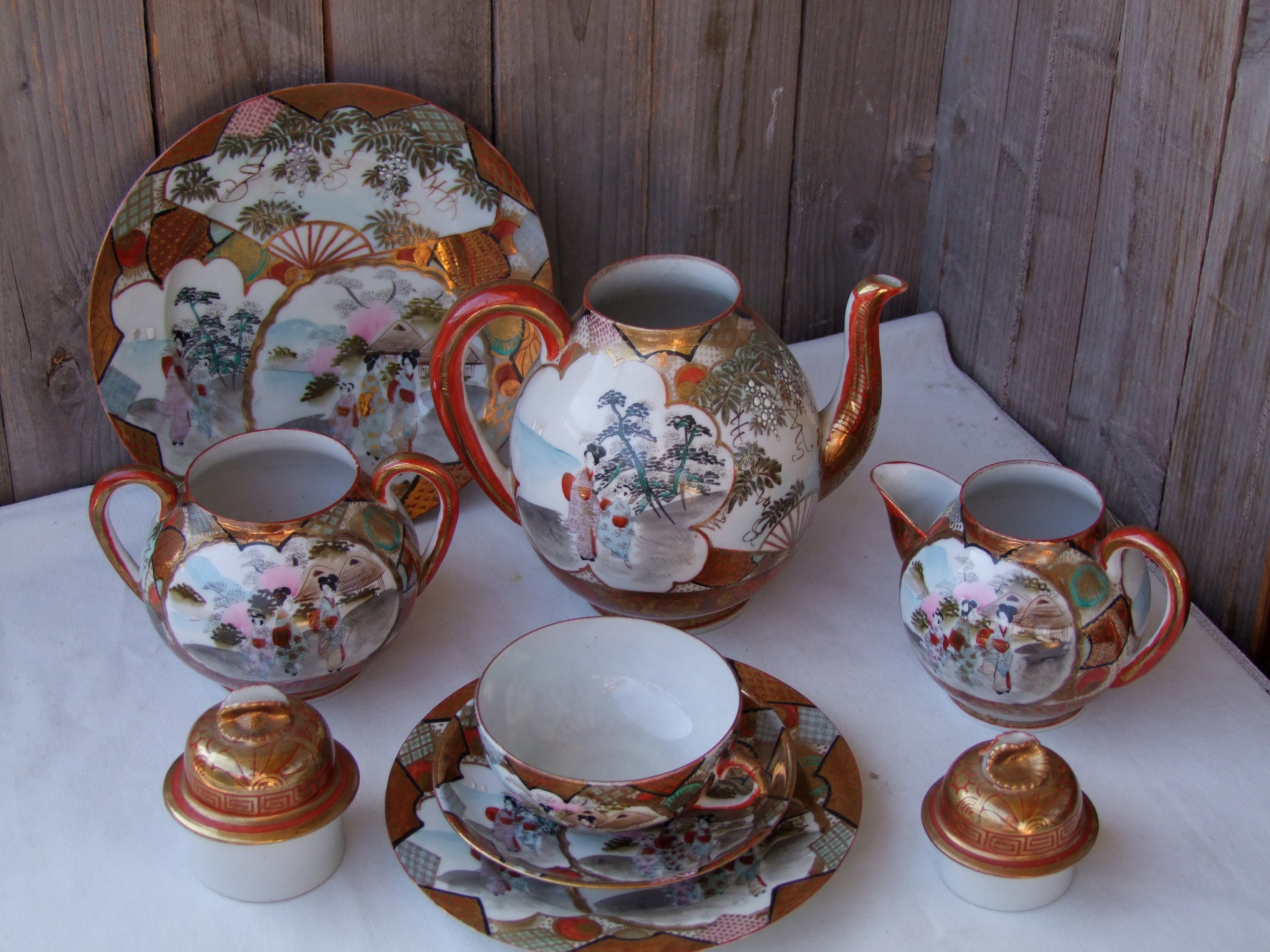 Antique Japanese Kutani Tea Set Full Size Eggshell Porcelain Etsy Canada