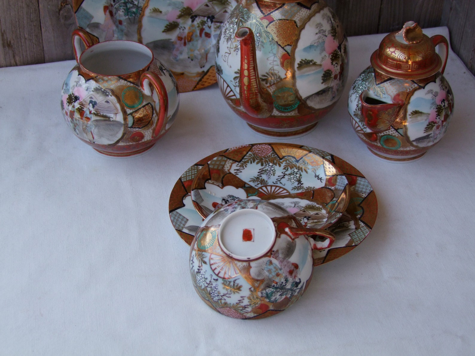 Antique Japanese Kutani Tea Set Full Size Eggshell Porcelain Etsy