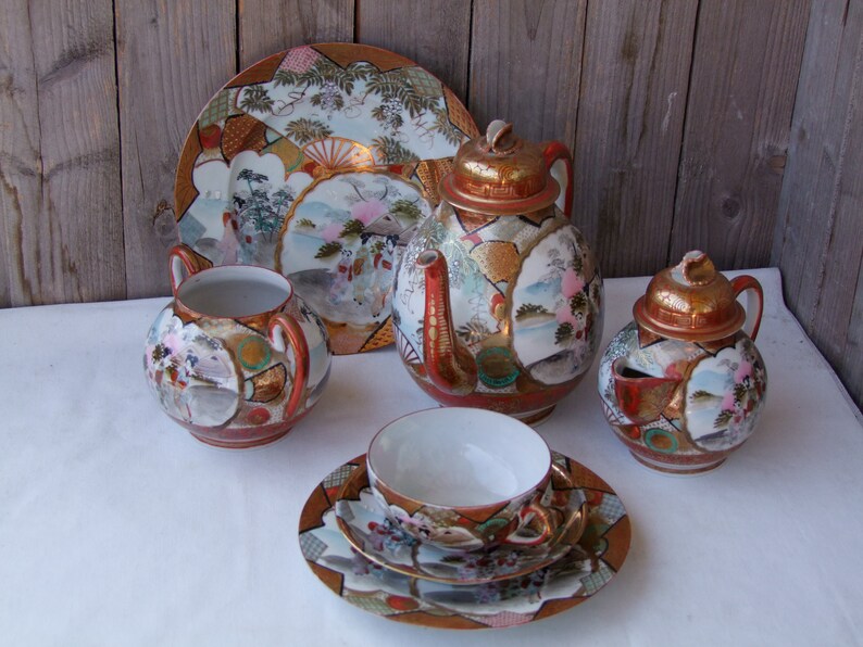 Antique Japanese Kutani Tea Set Full Size Eggshell Porcelain Etsy
