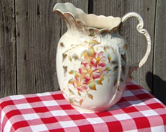 Antique Victorian Large Porcelain Pitcher Hand Painted Floral Pattern Gilded Big Vase Collectibles