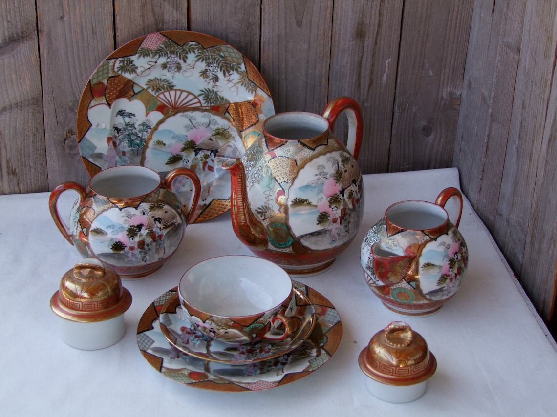 Antique Japanese Kutani Tea Set Full Size Eggshell Porcelain Etsy