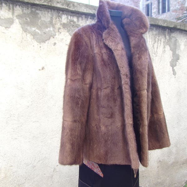 Vintage Real Musquash płaszcz prawdziwe futro miód beżowy rozmiar UK 12 jesień zima mody