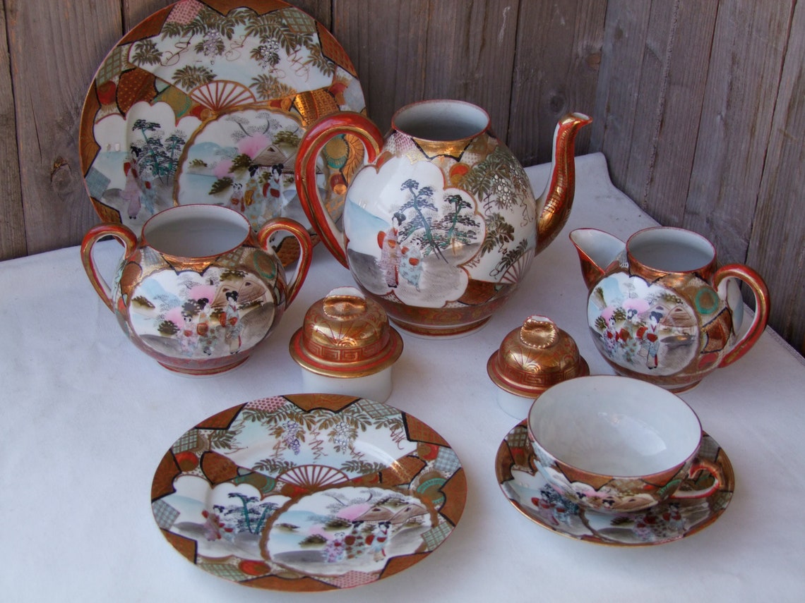 Antique Japanese Kutani Tea Set Full Size Eggshell Porcelain Etsy Canada