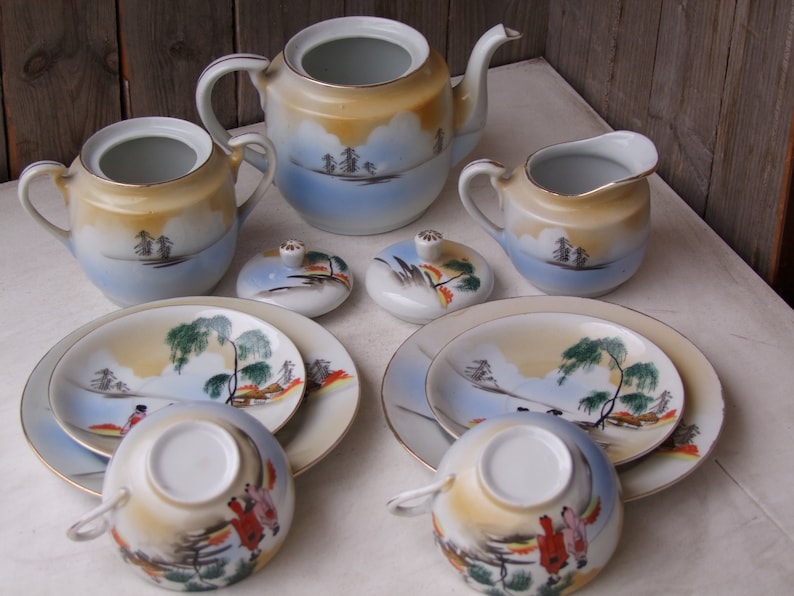 Antique Japanese Kutani Tea Set Full Size Eggshell Porcelain Coffee Set