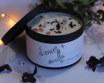 Cherry Vanilla - natural vegan soy candle - botanical and crystal topped - eco friendly gift