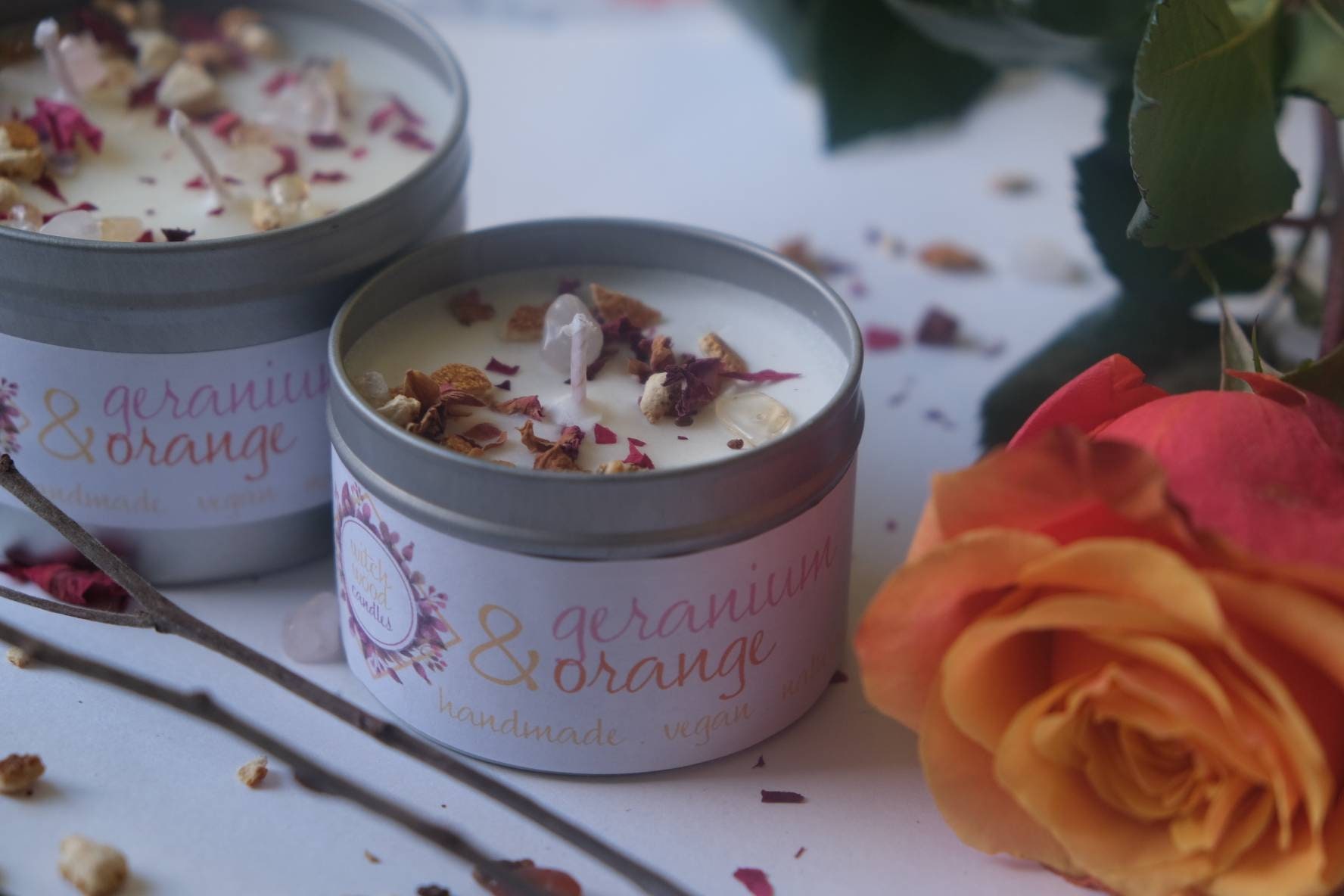 Bougie de Soja Au Géranium et Orange, Faite à La Main, Végétalienne, Sans Plastique, Cadeau Éthique,