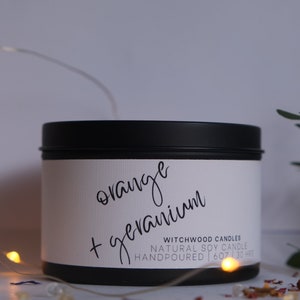 Geranium and orange scented soy candle, vegan gift idea, handmade UK, candle natural, candles gift