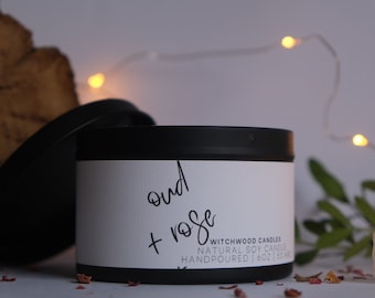 Oud and Rose Scented Soy Candle - Vegan Handmade Decor - floral candle gift