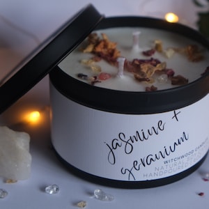 Jasmine and geranium soy candle, vegan gift idea, floral scented candle, natural candle, handmade candles uk