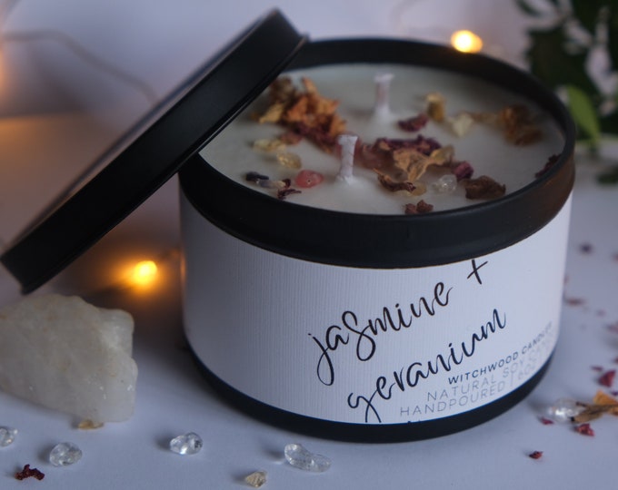 Jasmine and geranium soy candle, vegan gift idea, floral scented candle, natural candle, handmade candles uk