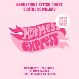 May include: A digital download needlepoint stitch chart with a pink and white design. The design features the words "Hot Mess Express" in a pixelated font, with the text "Needlepoint Stitch Chart Digital Download" above. The finished size is 7x5 inches.