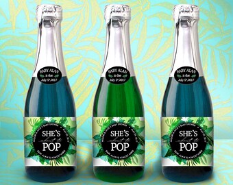 DIGITAL DOWNLOAD She's About to POP! Mini Champagne Bottle Label and Due Date Label Baby Shower, Tropical Theme Earthy Bohemian Nature Palm