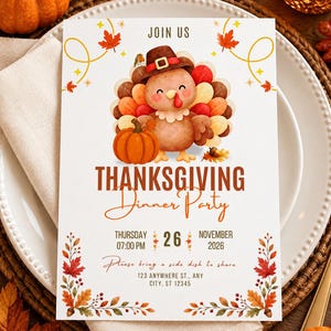 Könnte beinhalten: Eine weiße Einladungskarte für ein Thanksgiving-Dinner mit einem Aquarell-Truthahn in einem braunen Pilgerhut, einem Kürbis und Herbstblättern. Der Text enthält JOIN US, THANKSGIVING Dinner Party, DONNERSTAG 26. NOVEMBER 2026, 19:00 UHR.