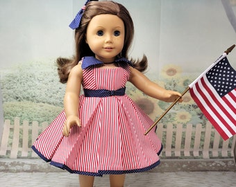Patriotic is a handmade dress for an 18 inch doll such as American Girl and others