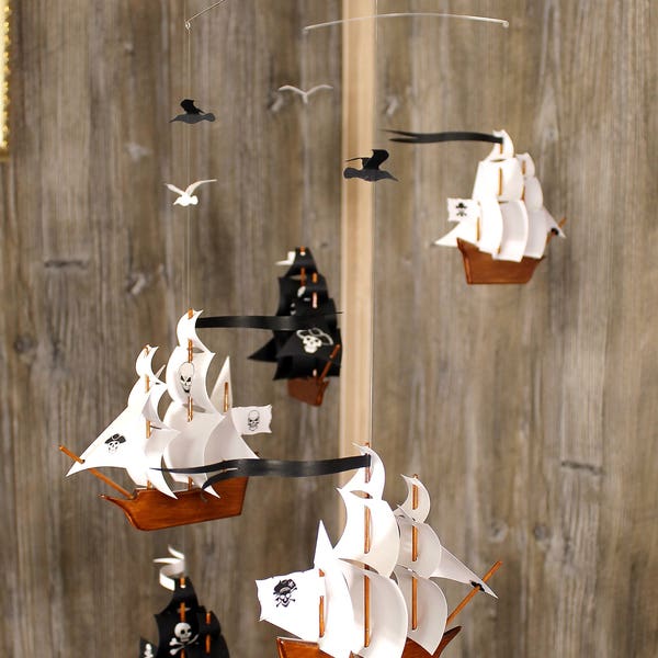 White and Black Pirate Sailboat Mobile 2 Black + 3 White Wooden Sailing Ship Boat Wood Ship