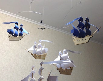 3 White + 2 Blue Wooden Sailboats. The most beautiful decor for any room. Children&#39;s mobile.