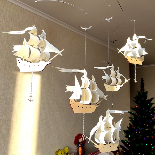 5 Wooden sailboats with silver and bronze anchors. A wonderful decoration for a child's room. Baby mobile.