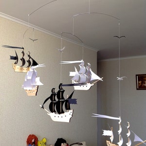 Baby Mobile. Five wooden sailboats with black and white sails. 3 White + 2 Black.