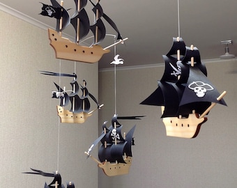 Pirate flotilla, Ocean Baby Mobile, 5 Wooden Pirate Sailboats, Decor for kids room.