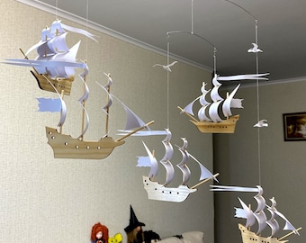 Caravel and Frigate. Two types of ships with snow-white sails. Beautiful decor for any room in the house. Children&#39;s mobile.