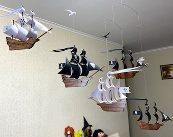 3 Black +2 White Pirate Wooden Sailboats. Ocean Baby Mobile. Decor for children&#39;s room.