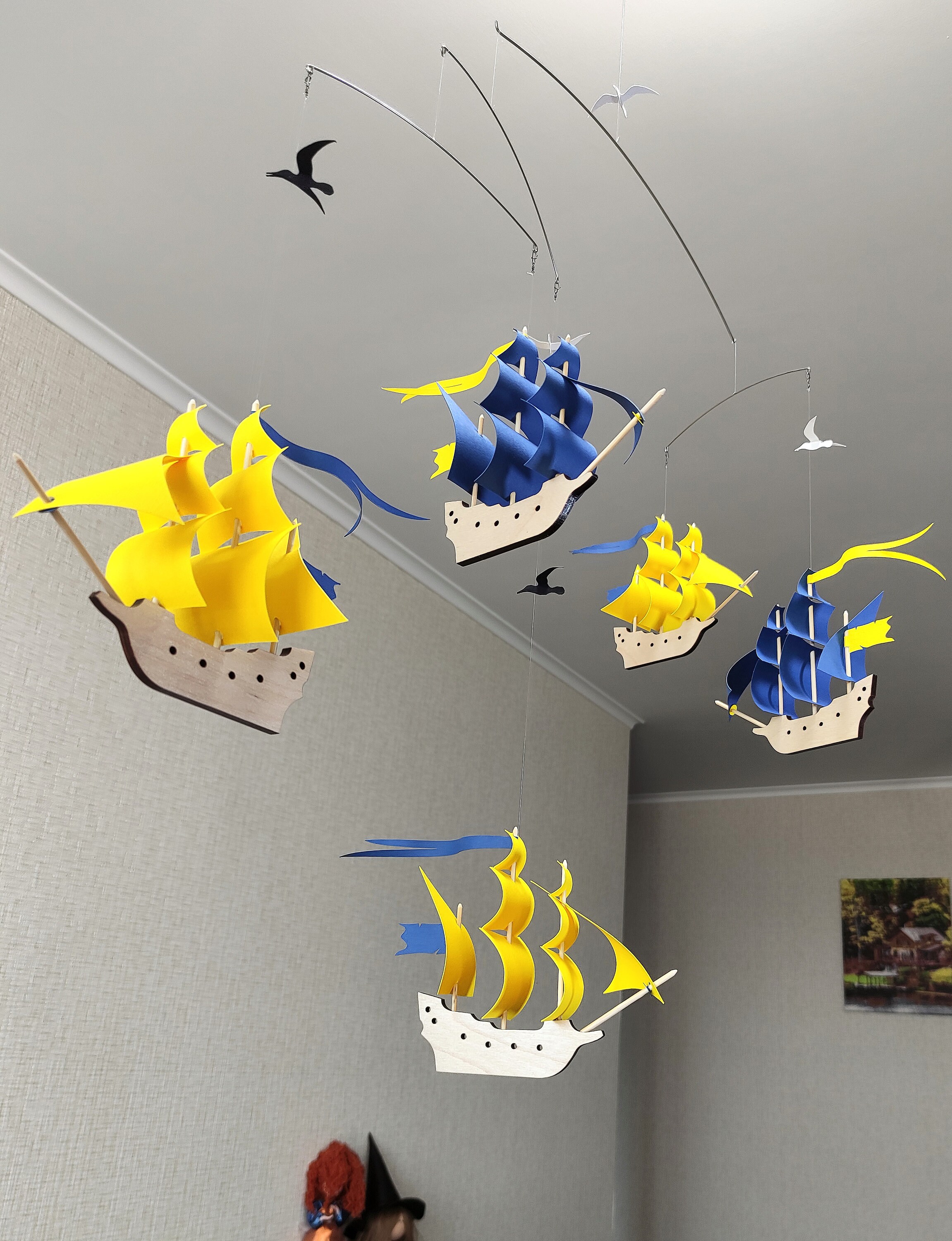 3 Yellow + 2 Blue. Sailboats floating through the air. Baby mobile. Children's room decoration.