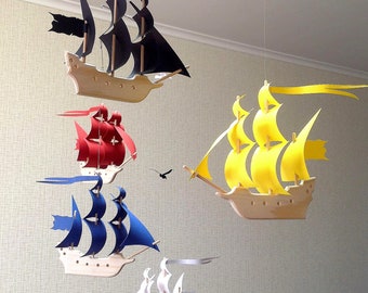 Baby Mobile. Five wooden sailboats with colorful sails. Decor for any room. Black, yellow, red, white, blue.