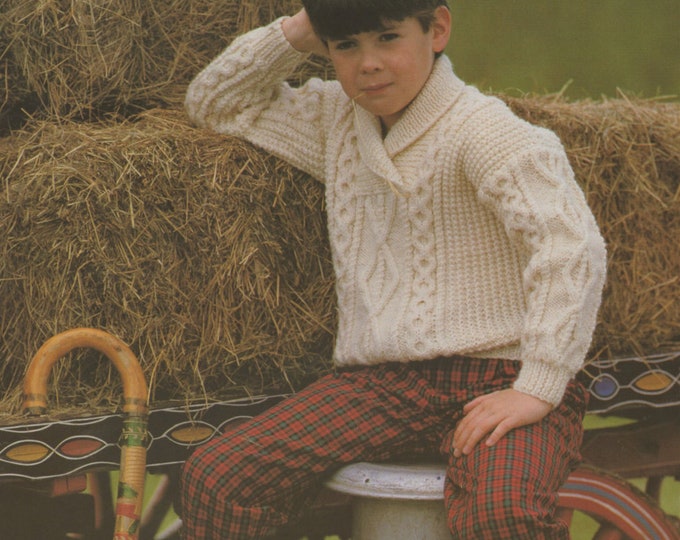 Childrens Aran Sweater Knitting Pattern PDF Boys or Girls 24, 26, 28, 30, 32 & 34 inch chest, Shawl Collar Jumper, Vintage Knitting Patterns