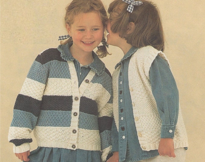 Childrens Aran Cardigan and Waistcoat Knitting Pattern PDF 20, 22, 24, 26, 28 and 30 inch chest, Vintage Aran Knitting Patterns for Children