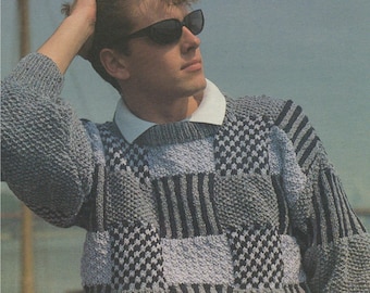 Mens Aran Sweater Knitting Pattern PDF 32 - 34, 36 - 38 and 40 - 42 inch chest, Patterned Squares Jumper, Vintage Knitting Patterns for Men