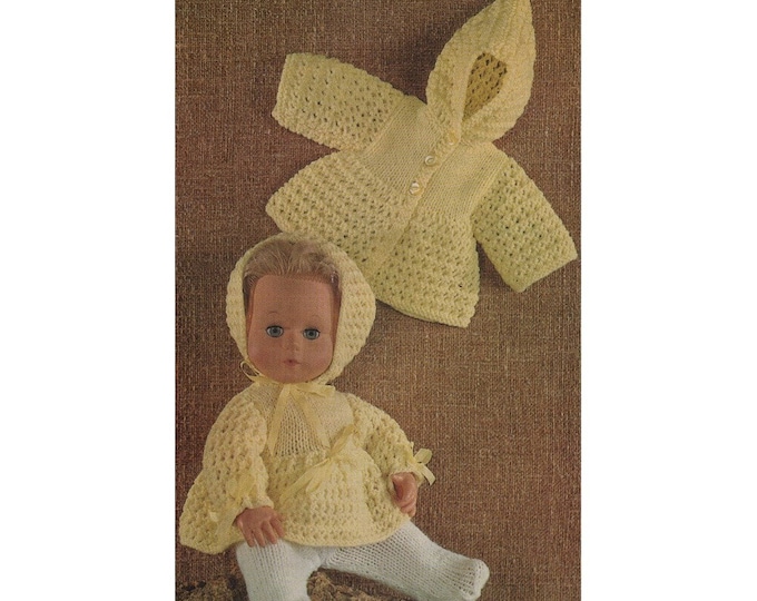 Dolls Clothes Knitting Pattern PDF for 14 inch Baby Doll, Angel Top, Leggings, Hooded Coat and Bonnet, Vintage Knitting Patterns for Dolls