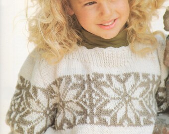 Girls Aran Fair Isle Snowflake Sweater Knitting Pattern PDF Childrens 24, 26 and 28 inch chest, Christmas Jumper, Winter Knitting Patterns