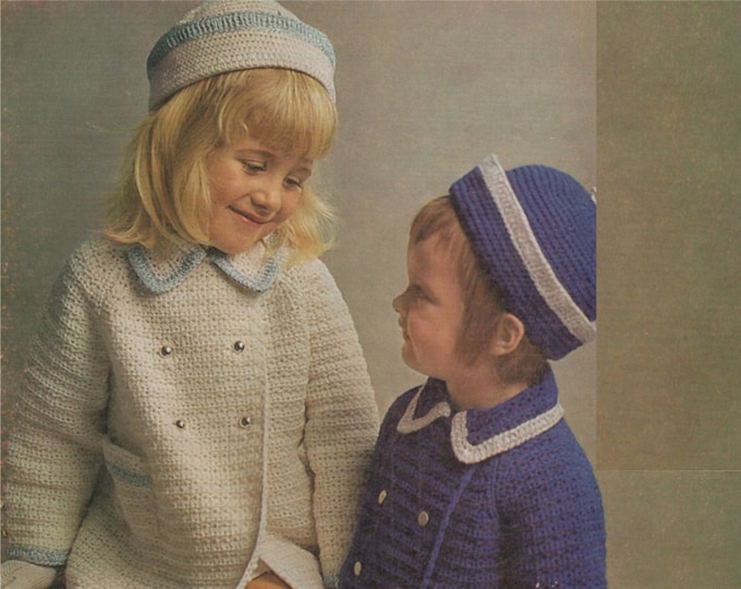 Girls Coat and Hat Crochet Pattern PDF Childrens 22, 24, 26 and 28 inch chest, Winter Weddings, Vintage Crochet Patterns for Children