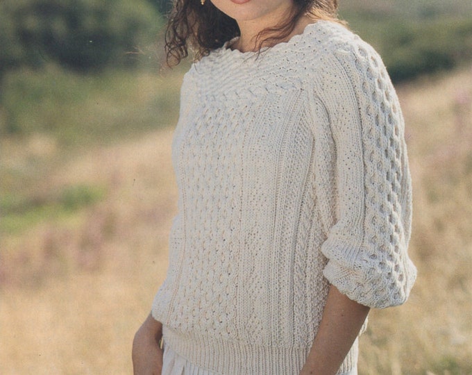 Womens Aran Sweater Knitting Pattern PDF with Crocheted Neckline, Ladies 32 - 34, 36 - 38, 40 - 42 and 44 - 46 inch bust, Instant Download