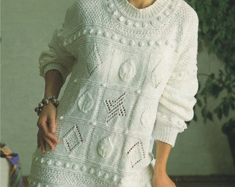 Womens Tunic Sweater Knitting Pattern PDF Ladies 30 - 32, 34 - 36 and 38 - 40 inch bust, Patterned Long Jumper, Knitting Patterns for Women