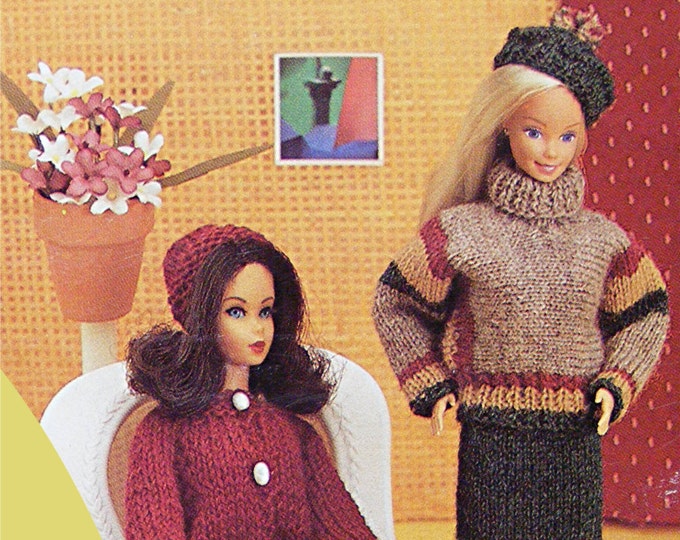Dolls Clothes Knitting Pattern PDF for 11 - 12 inch Doll, Barbie, Sindy, Fashion Dolls, Vintage Knitting Patterns for Dolls, Download
