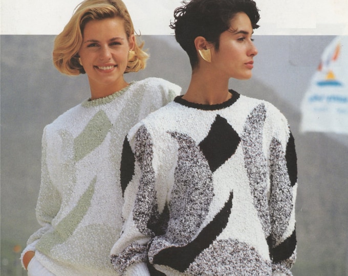 Womens Sweater Knitting Pattern PDF Ladies 34 - 36 and 36 - 38 inch bust, 80's Geometric Abstract Patterned Jumper, e-pattern Download