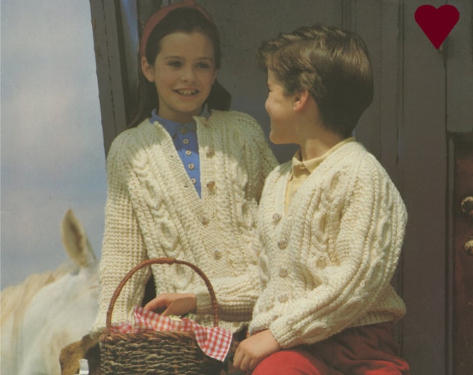 Aran Cardigan Knitting Pattern PDF Childrens Boys or Girls 24, 26, 28, 30, 32 & 34 inch chest, Vintage Knitting Patterns for Kids, e-pattern