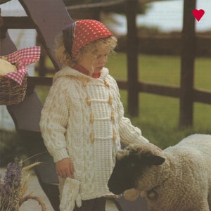 Aran Hooded Duffle Coat and Mittens Knitting Pattern PDF Boys or Girls 22, 24, 26 and 28 inch chest, Vintage Knitting Patterns for Children